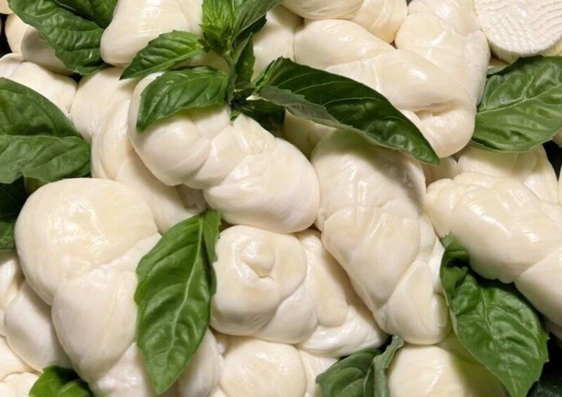 Treccia di mozzarella with fresh basil leaves